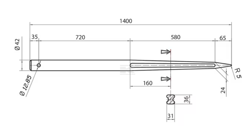 RAFT42140000 Dente caricatore frontale dritto, (punta rotoballe), 42x1400